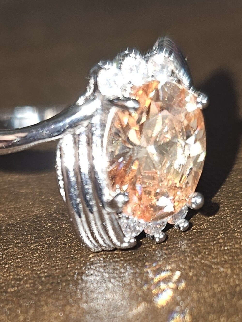 Vintage Champagne & White Cubic Zirconia Rhodium ? Sterling Plated Ring Size 6